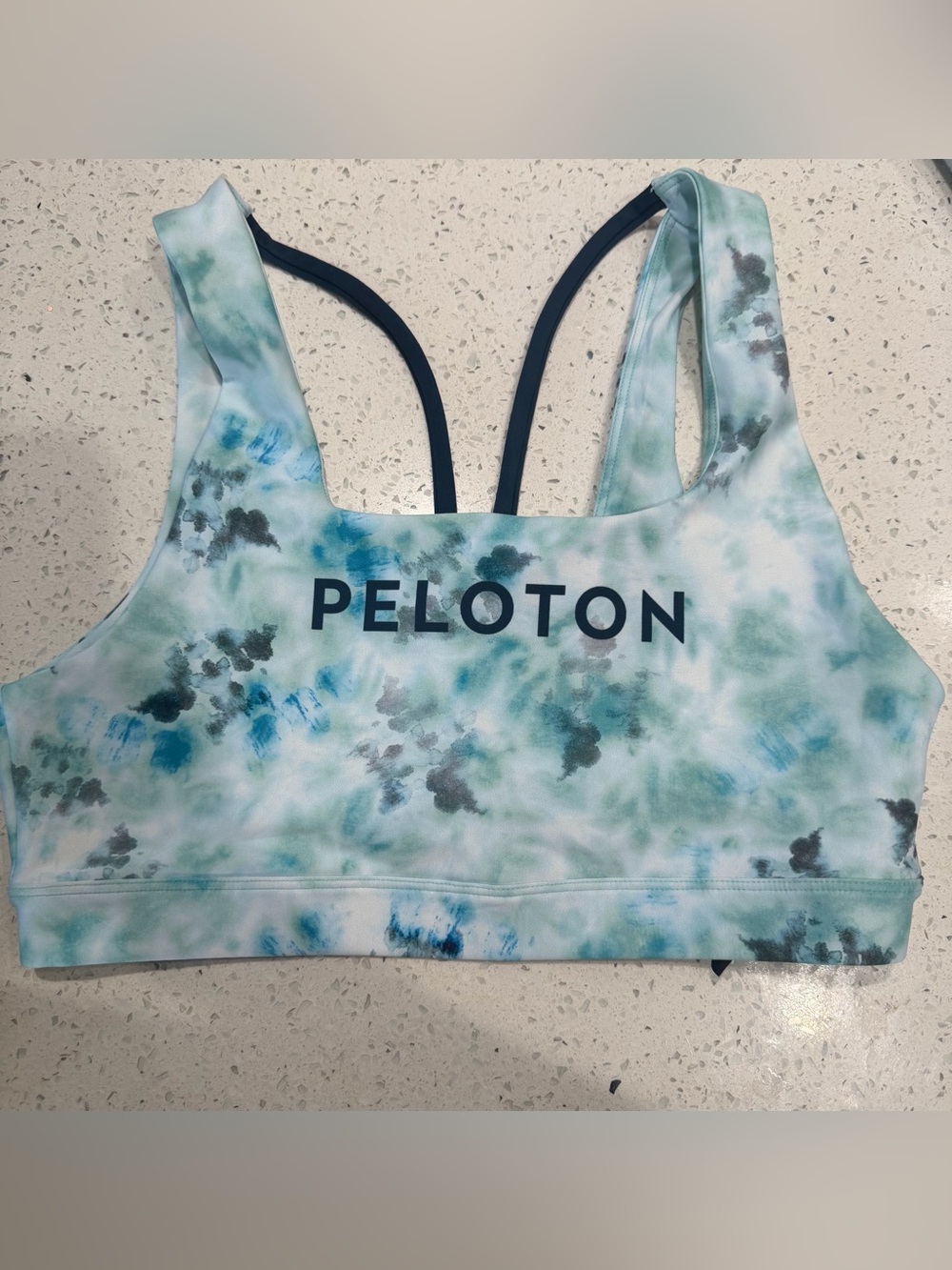 Peloton Tie-Dye Sports Bra in Aqua and Navy